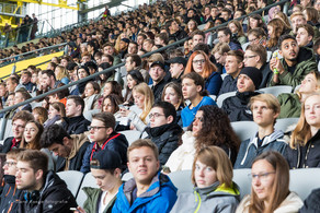 Welcoming of first-semester students First semester students sit in the stands at the stadium during the welcoming of first-semester students.